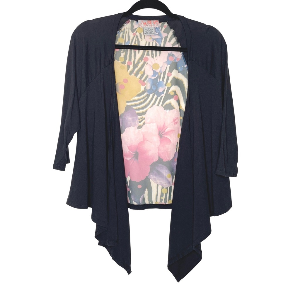 Nouveaux Cardigan Womens Medium Black Floral Zebra Sheer Back‎ Mixed Media Artsy